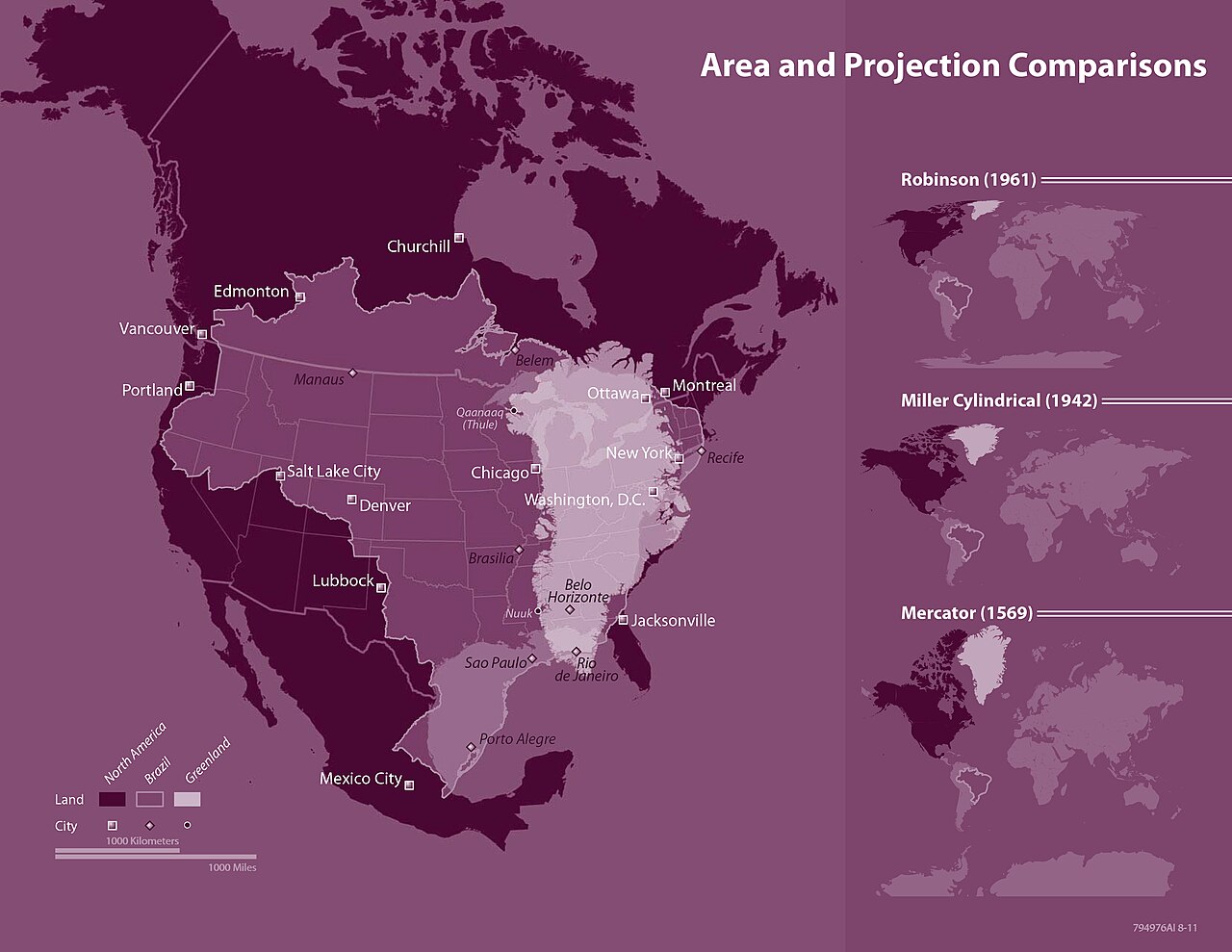 Side-by-side comparison of map projections showing how different approaches handle the tradeoff between area accuracy and shape preservation